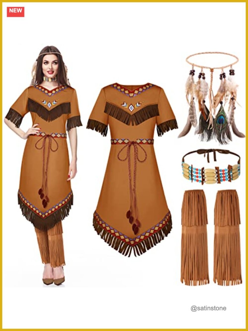 Women's American Costume Set Fringed Dress Headband Choker Socks